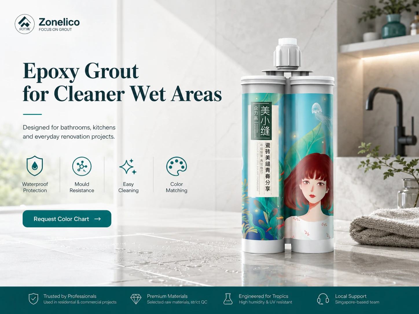 Epoxy grout applied in a modern bathroom